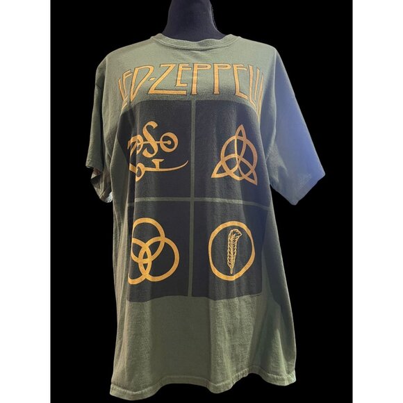 Led Zeppelin Graphic Tee Green With Symbols Rock Band Shirt Unisex Cotton Size L - Picture 3 of 8